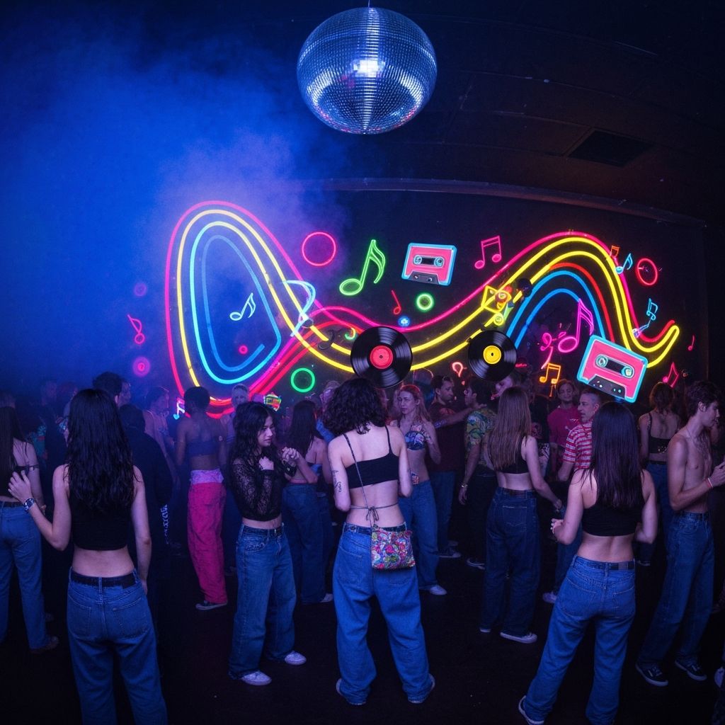 90s party scene with disco ball and neon lights