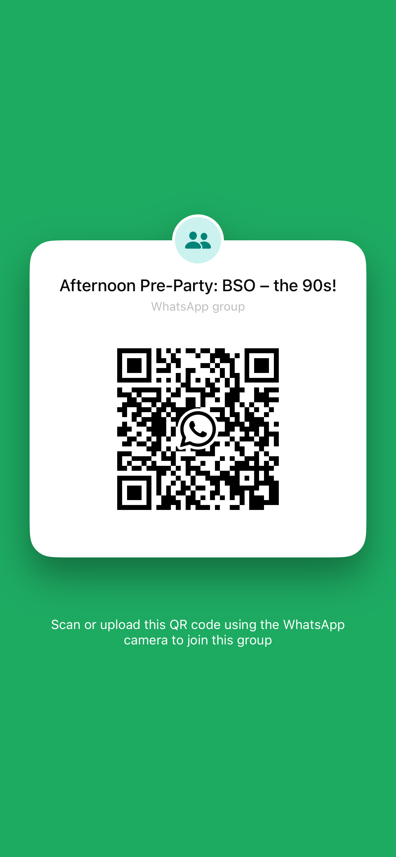 Scan to join the Afternoon Pre-Party WhatsApp group